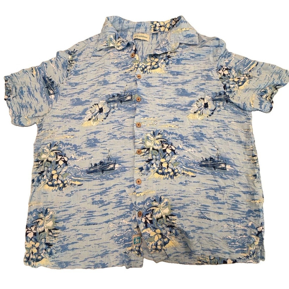 Caribbean 2XB Hawaiian Shirt Blue Floral Boats 100 Rayon Aloha Camp Big Tall
